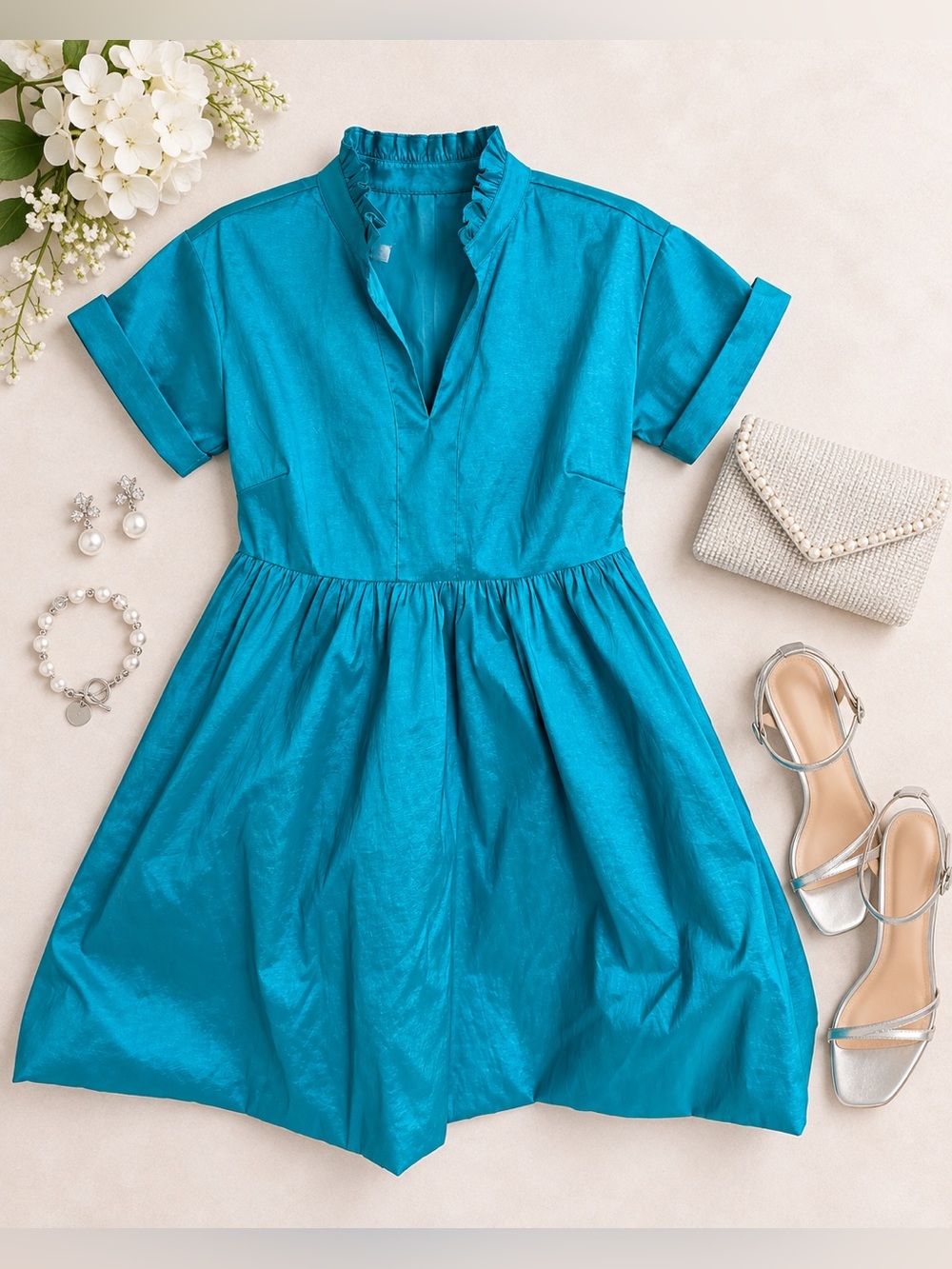 Anthropologie THML Miss Duval Teal Iridescent Ruffle Neck Fit & Flare Dress